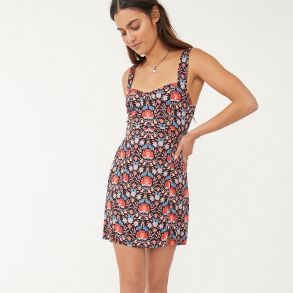Free People Black Floral Mini Dress with Coral and Blue Accents
